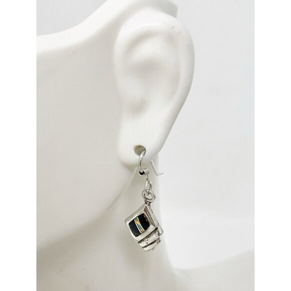 Ervin Hoskie Navajo Native American Sterling Silver Onyx & Opal Inlay Earrings - Picture 2 of 7